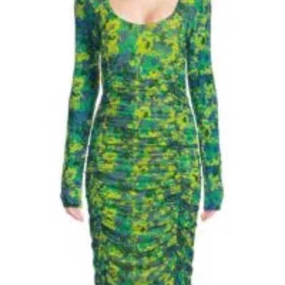 NWOT Ganni Sulphur Spring green abstract print ruched midi dress sz 34/S $395 - Picture 2 of 4